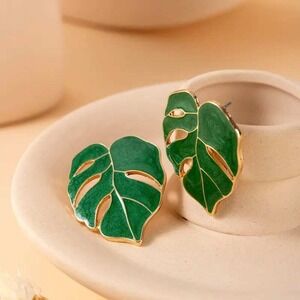 Large‎ Monstera Leaf Earrings Green Enamel Gold Tone Tropical Stud Earrings